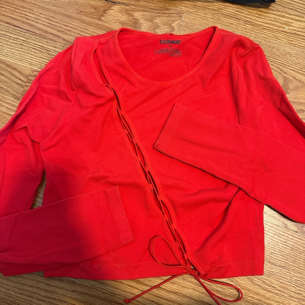 Red Long Sleeve Top with Lace-Up Detail